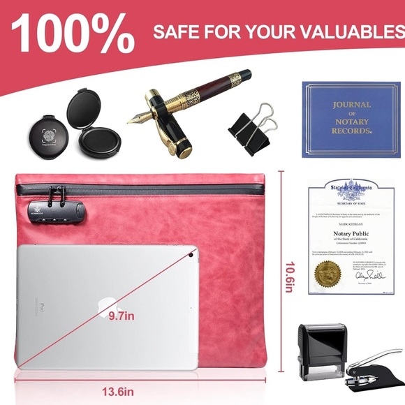 NWOT Red PU Leather Heavy Duty Zipper Document Bag w/ Combo Lock-13.6 in x 10 in - Picture 7 of 9